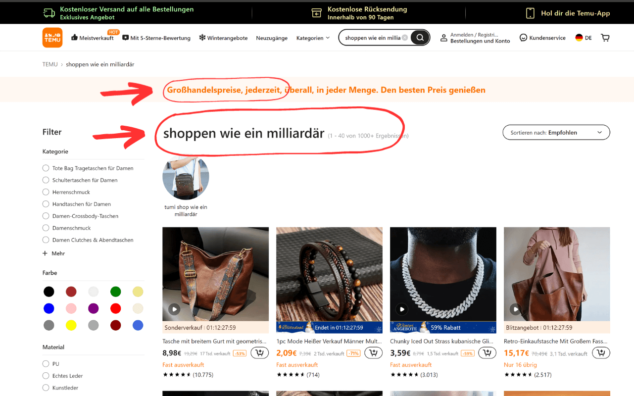 Temu Slogan Shoppen wie ein Milliardär.